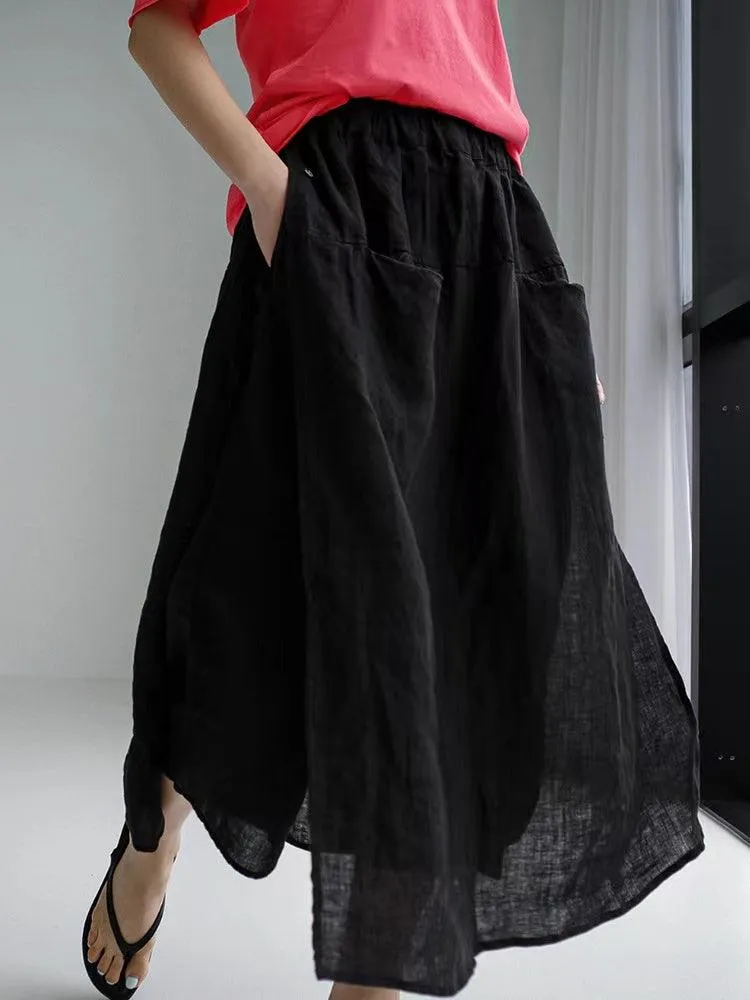 100% Linen Cotton Wide-Leg Skirt Pants