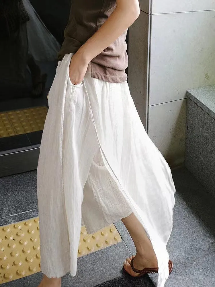 100% Linen Cotton Wide-Leg Skirt Pants