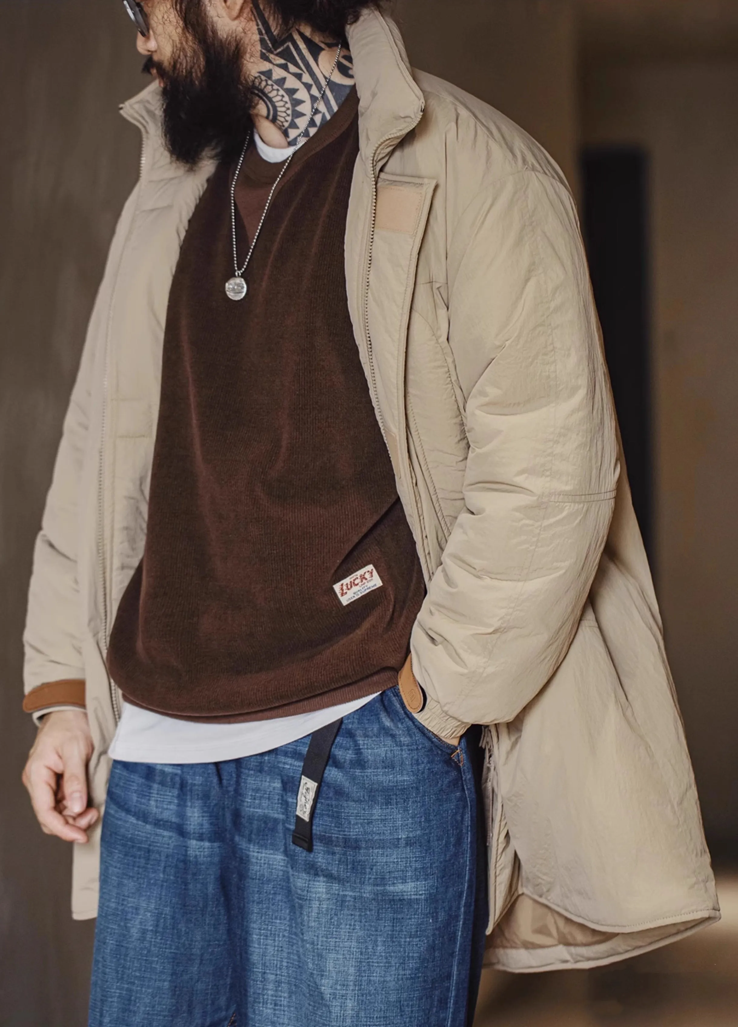 American Retro PCU Cotton Textured Overcoat Thick Men's Jacket