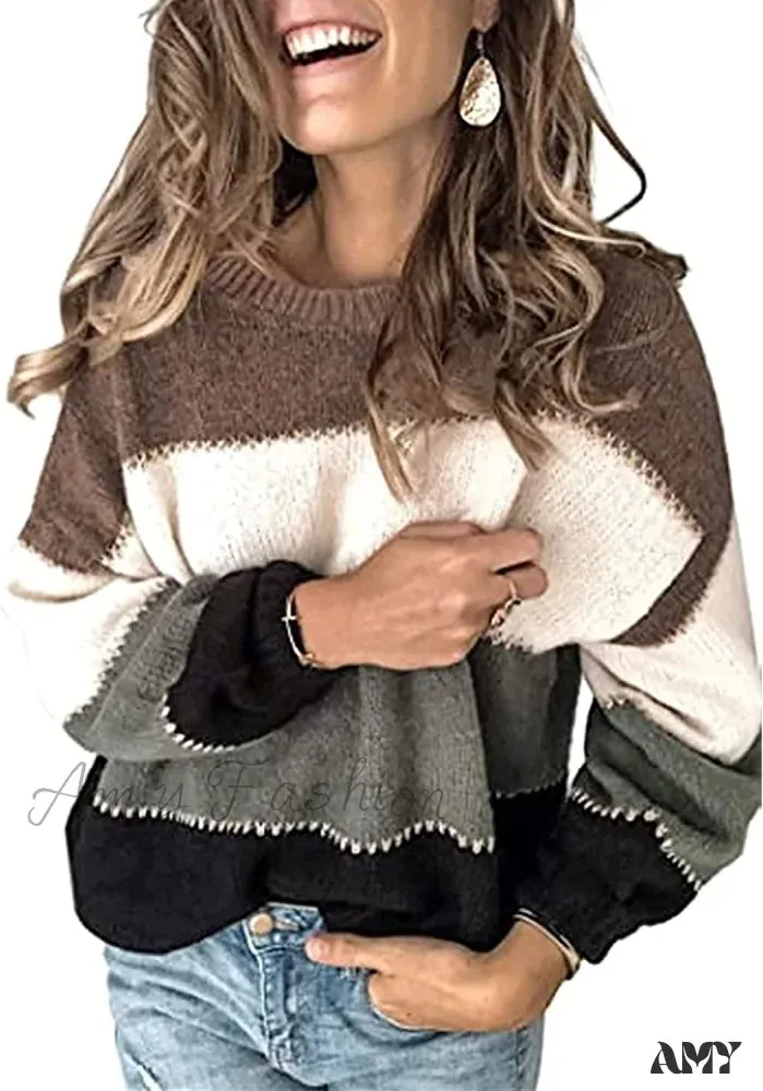 Amy Fashion - Women's Stripe Sweaters Color Block Long Sleeve Pullover