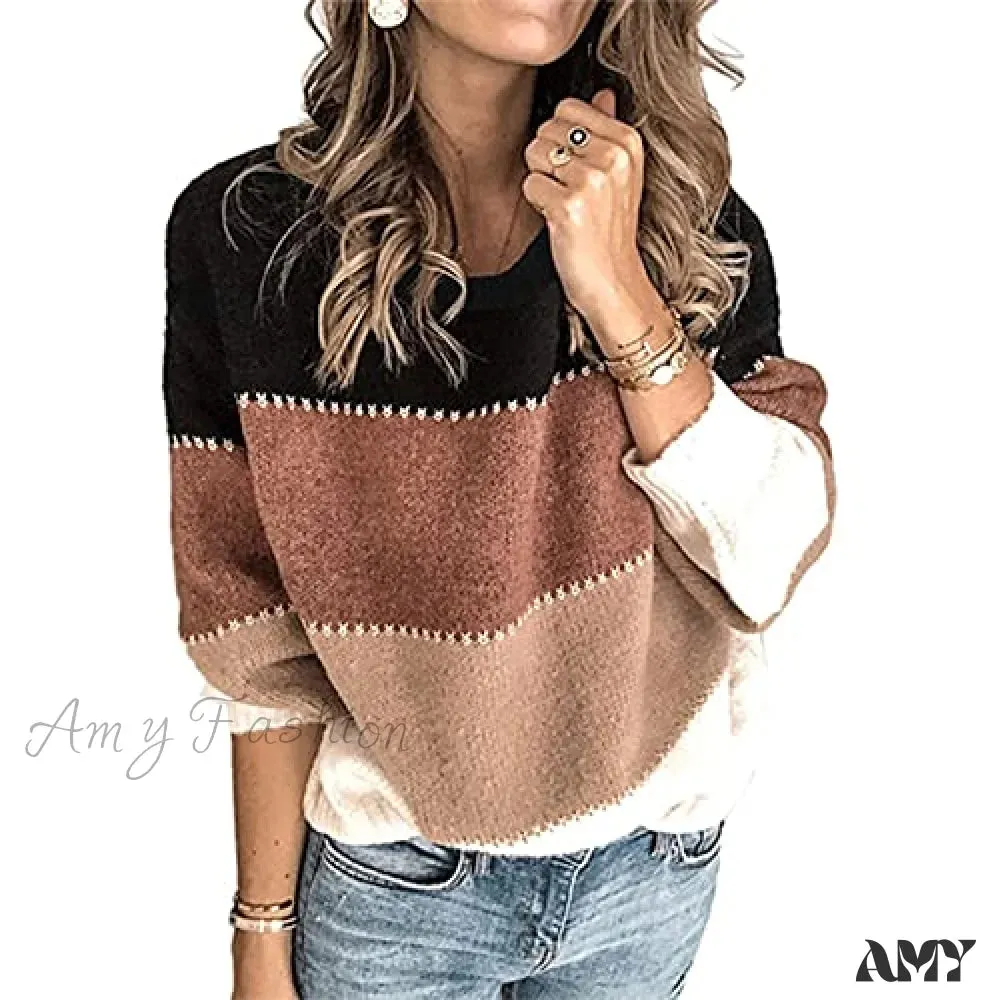 Amy Fashion - Women's Stripe Sweaters Color Block Long Sleeve Pullover
