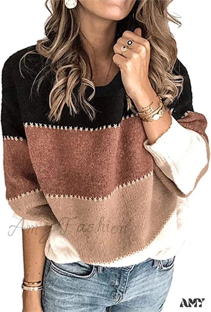 Amy Fashion - Women's Stripe Sweaters Color Block Long Sleeve Pullover
