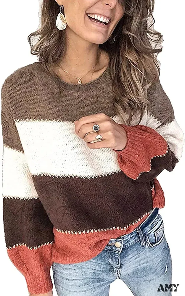 Amy Fashion - Women's Stripe Sweaters Color Block Long Sleeve Pullover