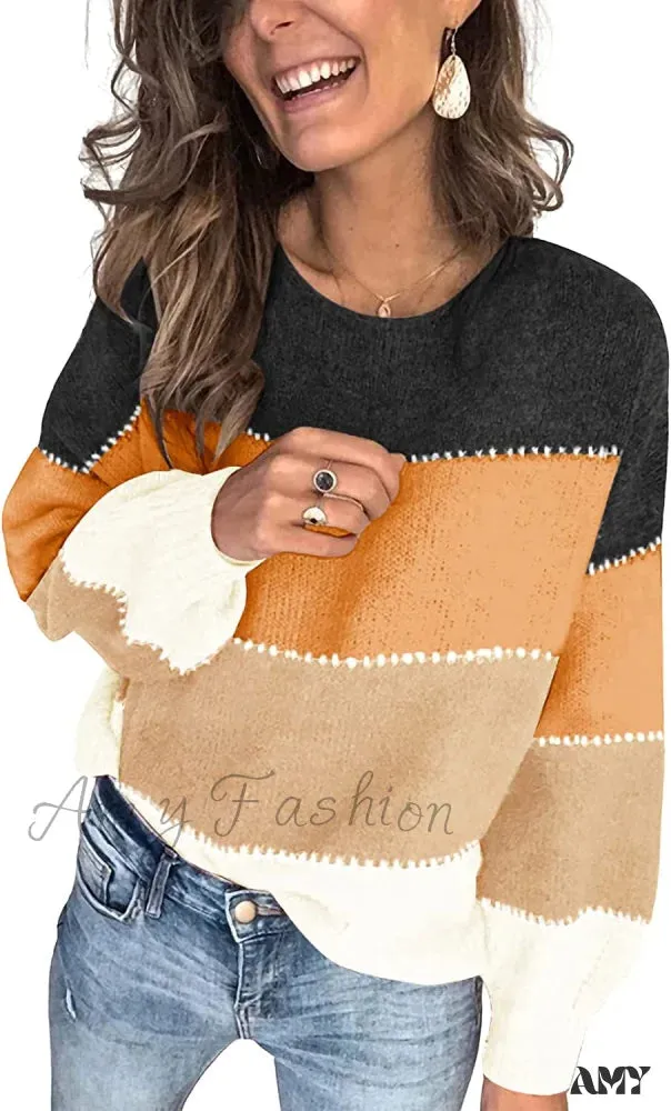 Amy Fashion - Women's Stripe Sweaters Color Block Long Sleeve Pullover