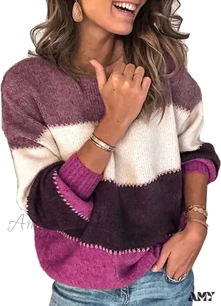 Amy Fashion - Women's Stripe Sweaters Color Block Long Sleeve Pullover