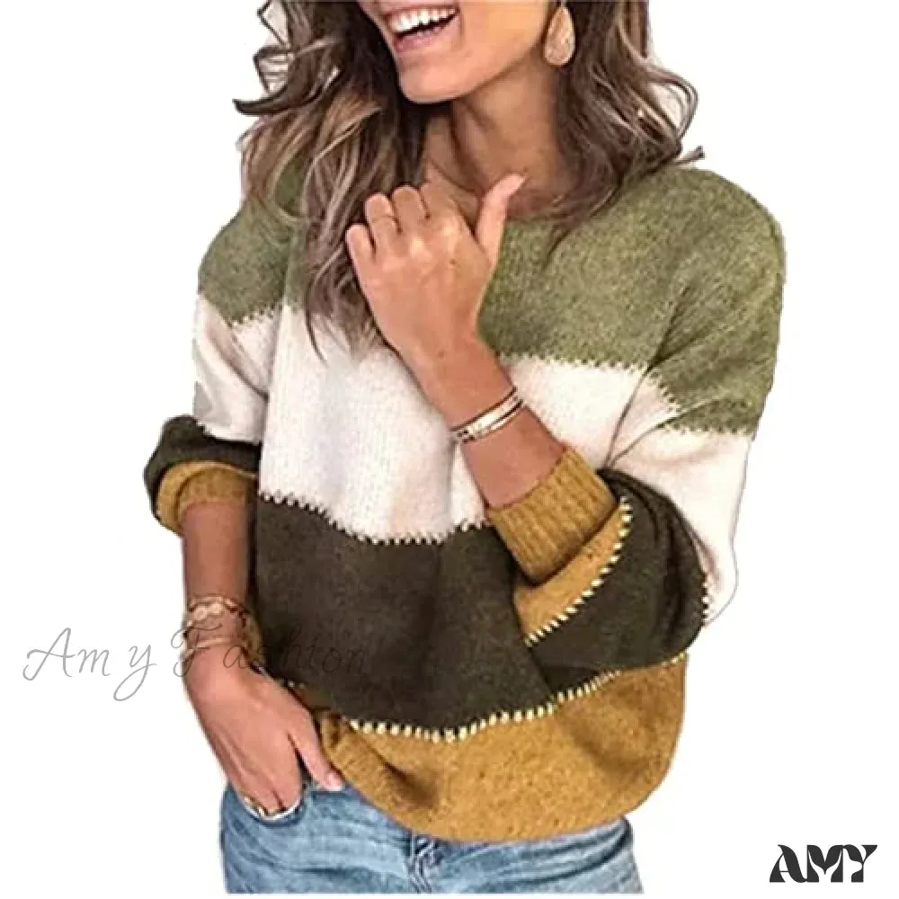 Amy Fashion - Women's Stripe Sweaters Color Block Long Sleeve Pullover