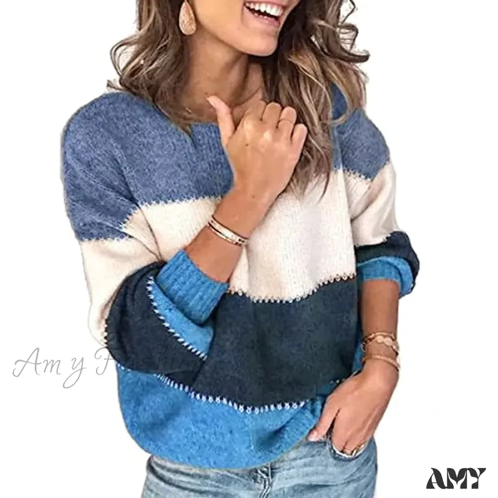 Amy Fashion - Women's Stripe Sweaters Color Block Long Sleeve Pullover