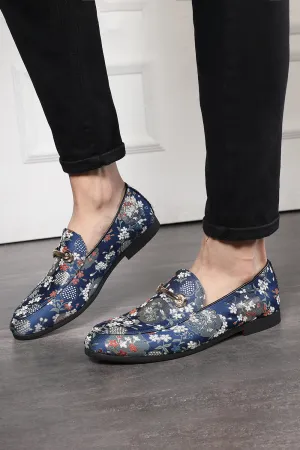 Blue Jacquard Slip-On Men's Party Shoes
