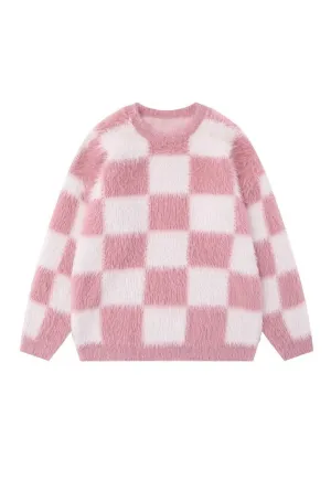 Checkboard sweater fluffy knitted jumper soft check top pink