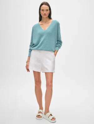 Cotton Blend Ribbed V Neck - Soft Aqua/White