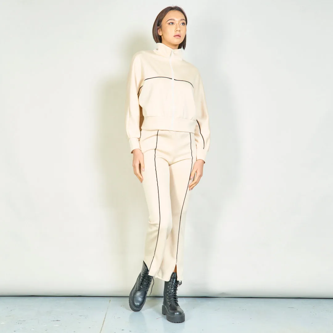 Cozy zip-up jacket and straight-leg pants set wholesale