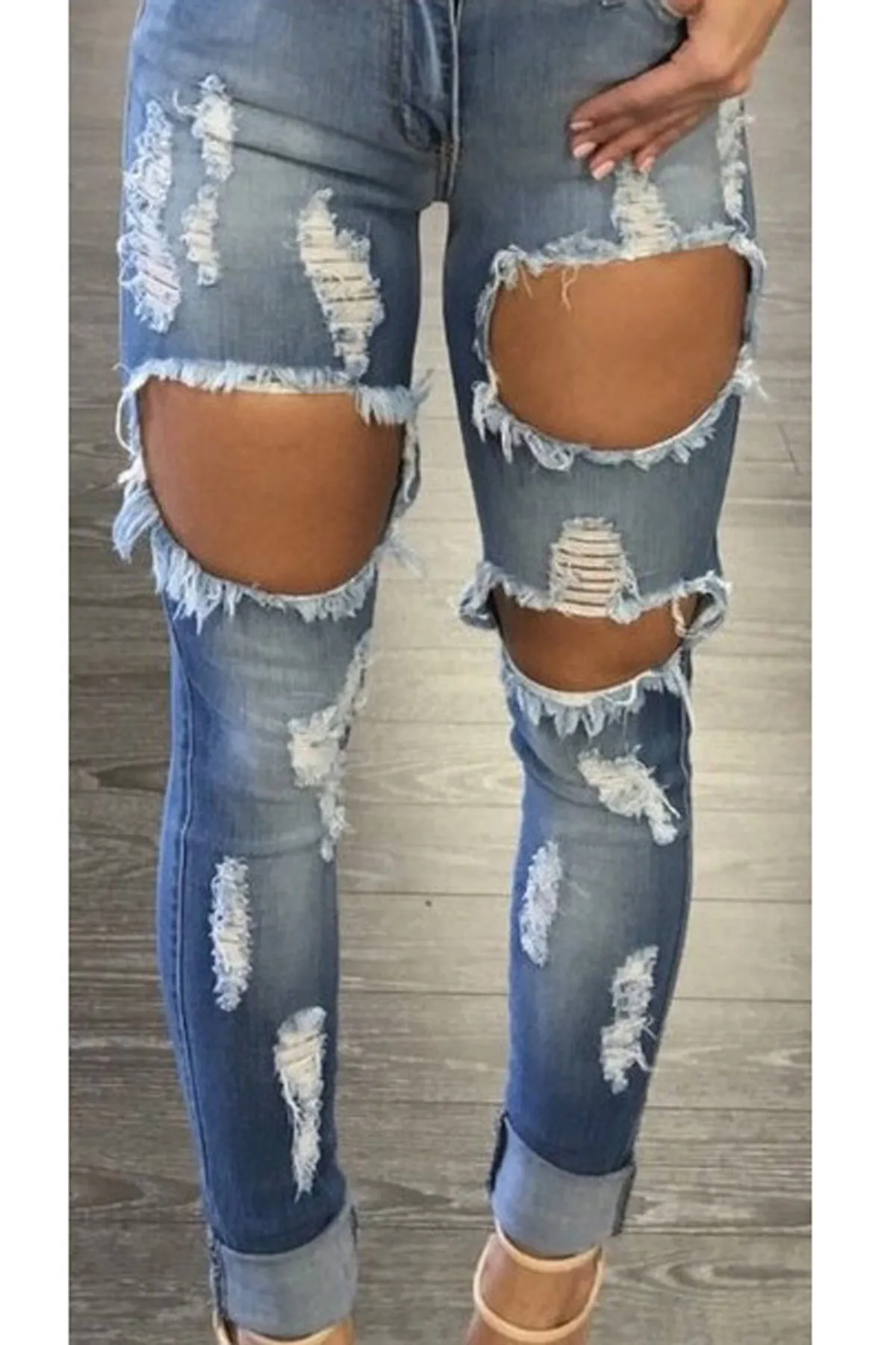 Curled Cut Out Rough Holes Slim Skinny Long Jeans Denim Pants