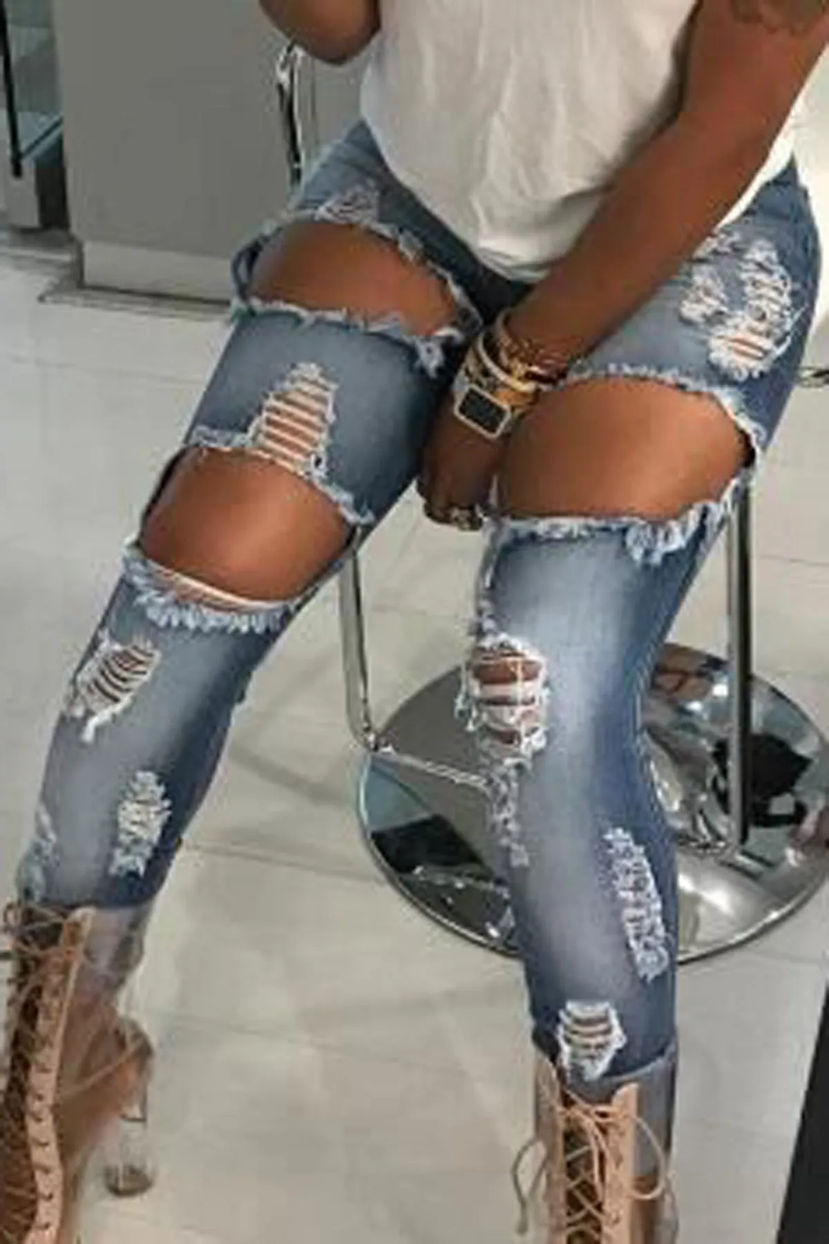 Curled Cut Out Rough Holes Slim Skinny Long Jeans Denim Pants