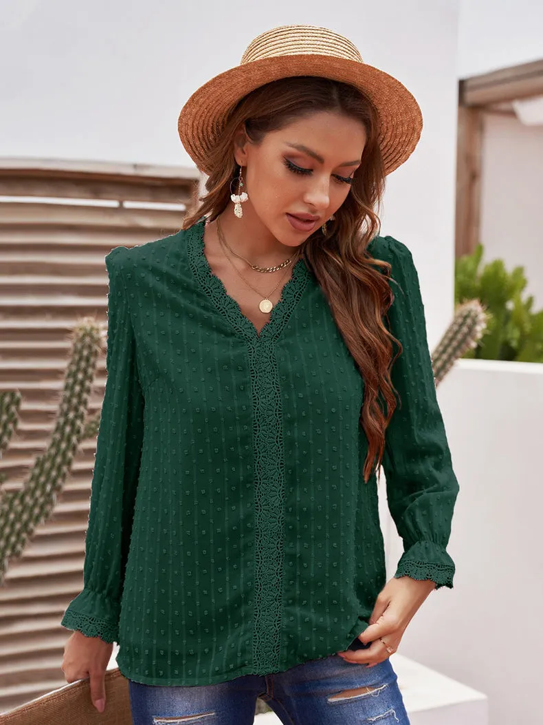 Dainty Dots Black Lace Long Sleeve Loose Blouse