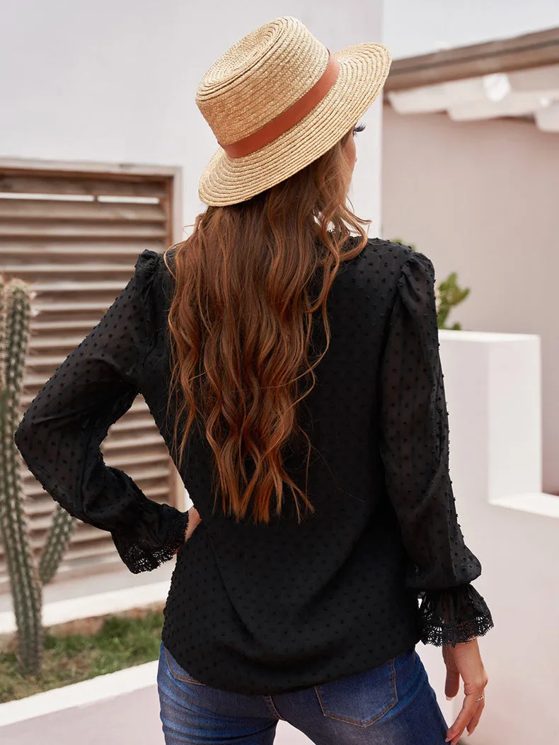 Dainty Dots Black Lace Long Sleeve Loose Blouse