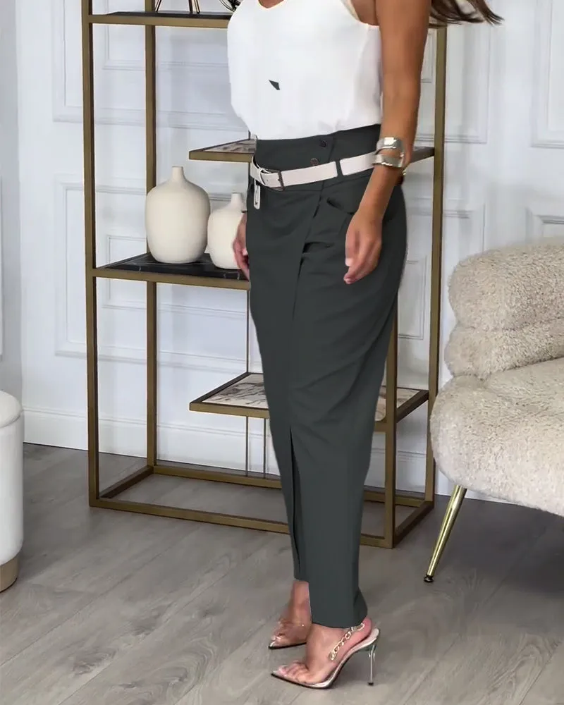 Fashionable solid color pocket irregular patchwork pants