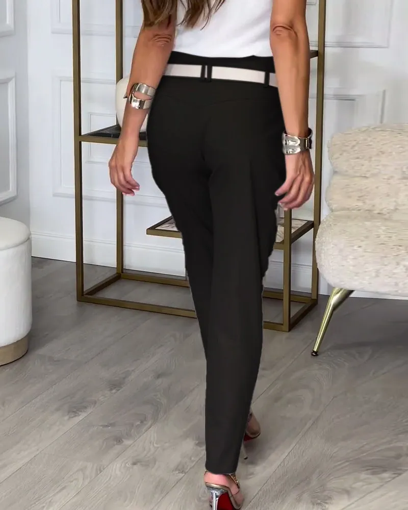 Fashionable solid color pocket irregular patchwork pants