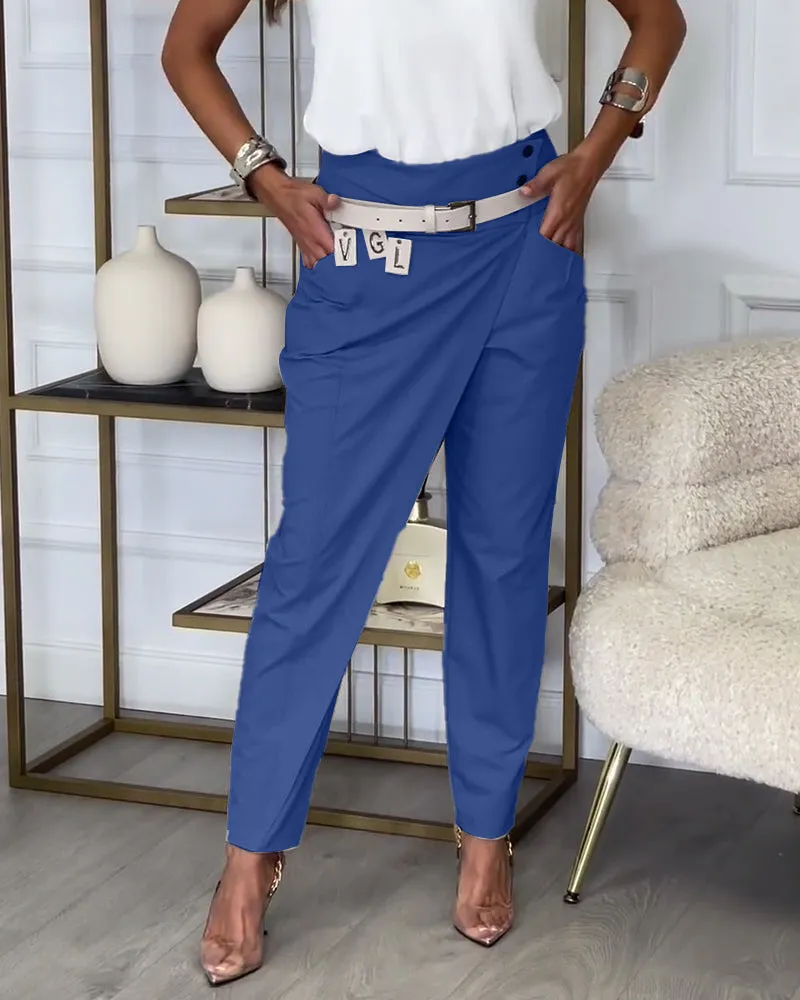 Fashionable solid color pocket irregular patchwork pants