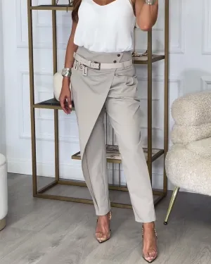 Fashionable solid color pocket irregular patchwork pants