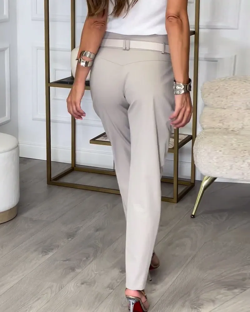 Fashionable solid color pocket irregular patchwork pants