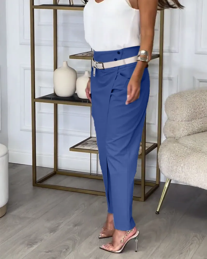 Fashionable solid color pocket irregular patchwork pants