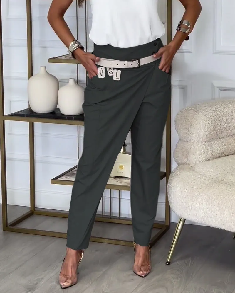 Fashionable solid color pocket irregular patchwork pants