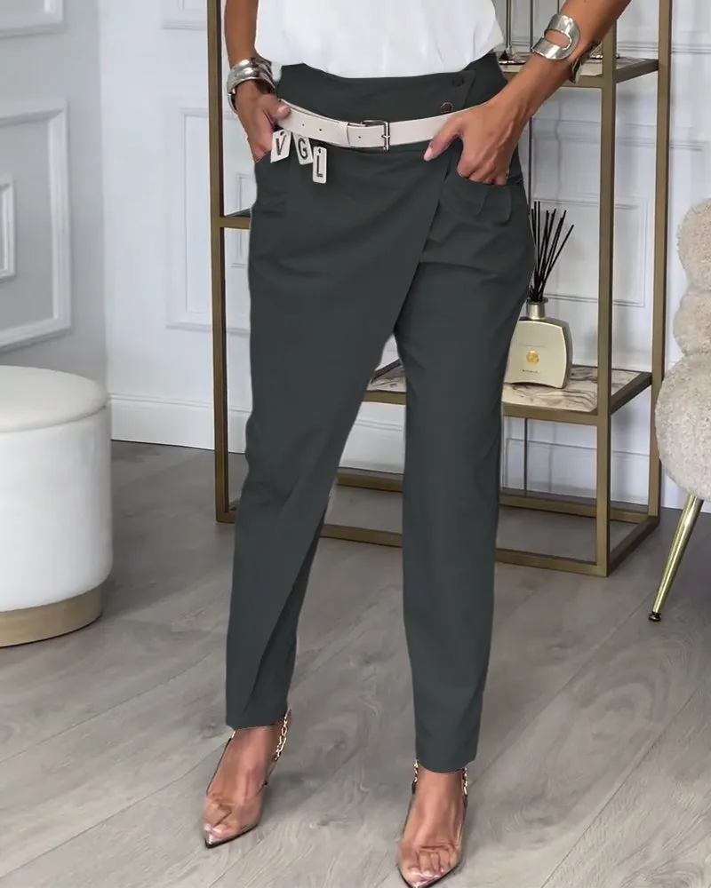 Fashionable solid color pocket irregular patchwork pants
