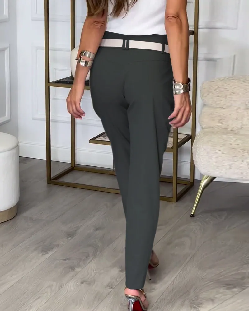 Fashionable solid color pocket irregular patchwork pants