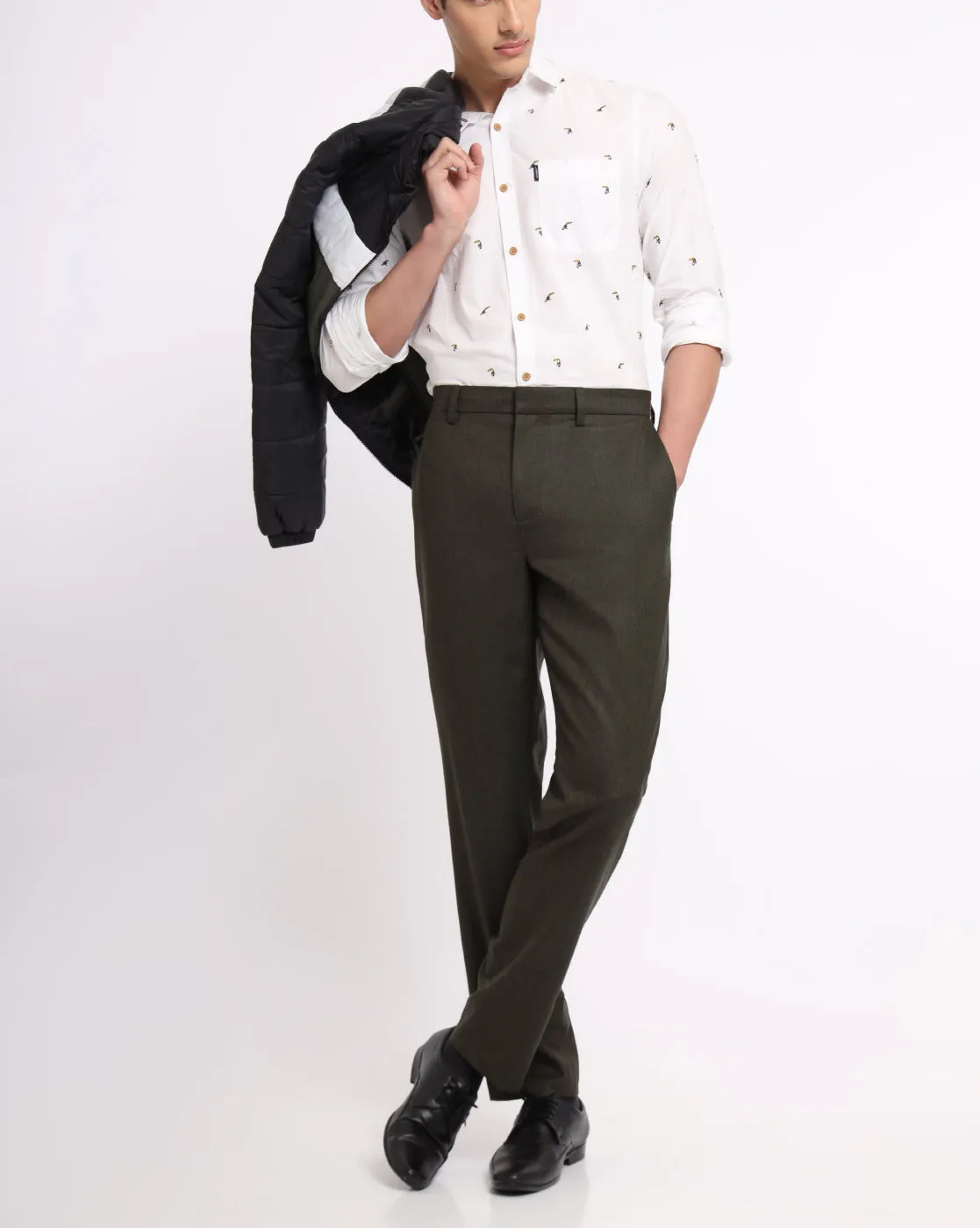 Flat Front Wool Chinos - Olive