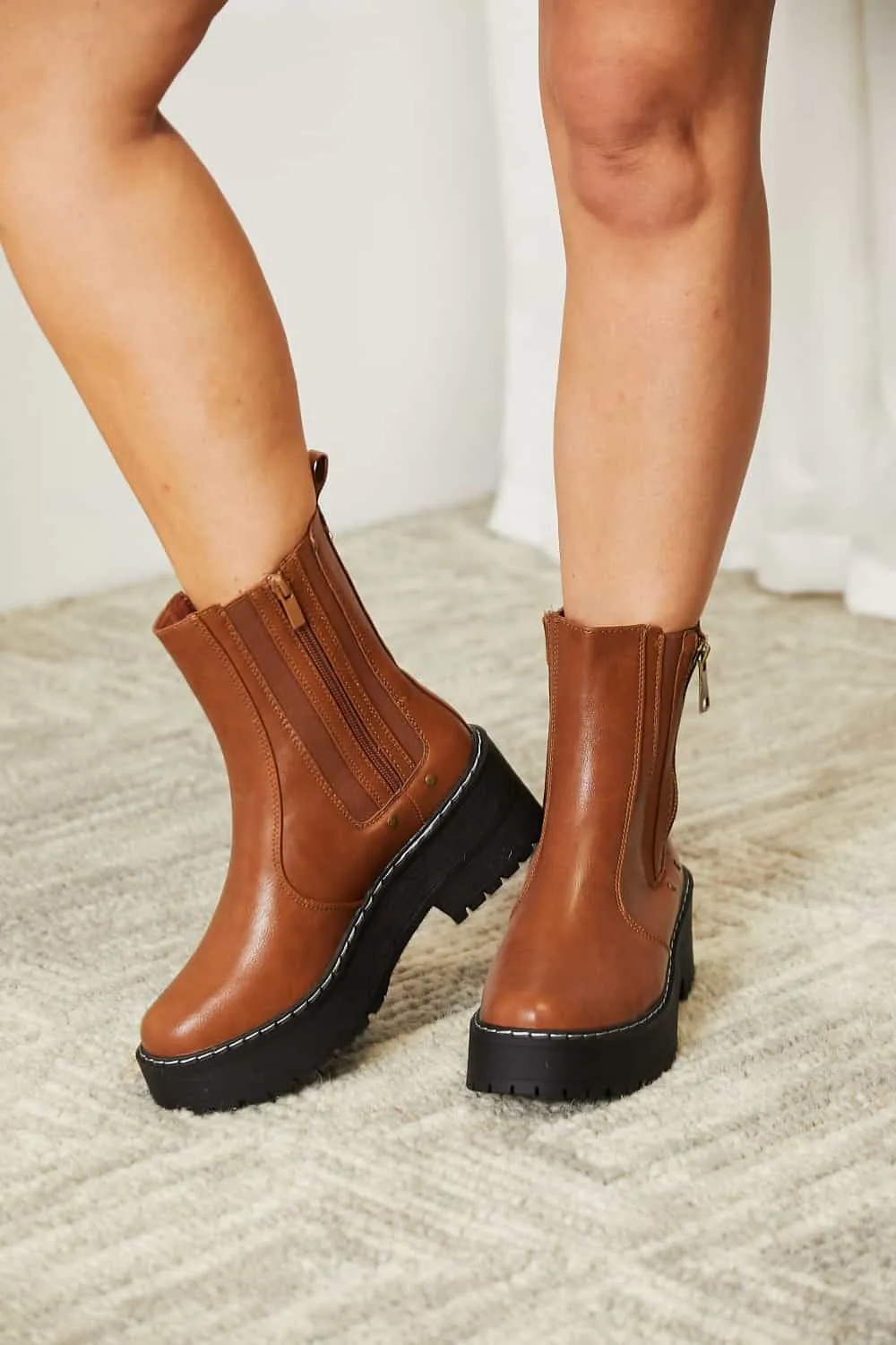 Forever Link Chestnut Brown Side Zip Vegan Patented Leather Platform Boots
