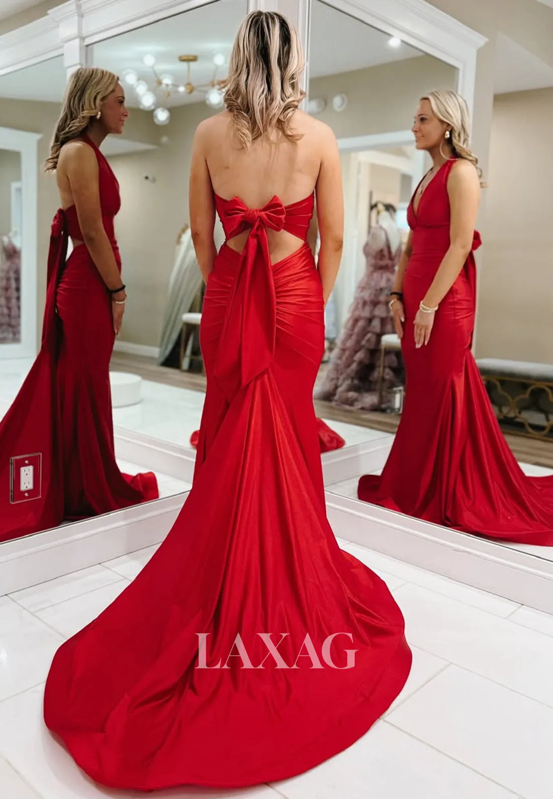 Halter Deep V-Neck Off-Shoulder Mermaid Prom Dress Sleeveless Pleated Formal Gowns with Sweep Train