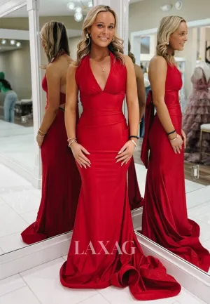 Halter Deep V-Neck Off-Shoulder Mermaid Prom Dress Sleeveless Pleated Formal Gowns with Sweep Train