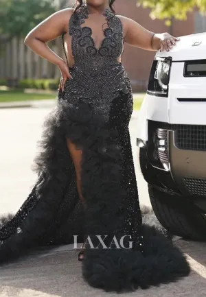 Halter Deep V-Neck Off-Shoulder Sleeveless Fully Sequined Beaded Mermaid Prom Dress with Tulle Tiered Train