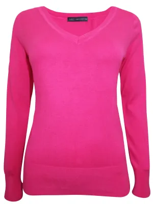 Ladies Raspberry Ribbed V-Neck Soft Knit Long Sleeve Jumper