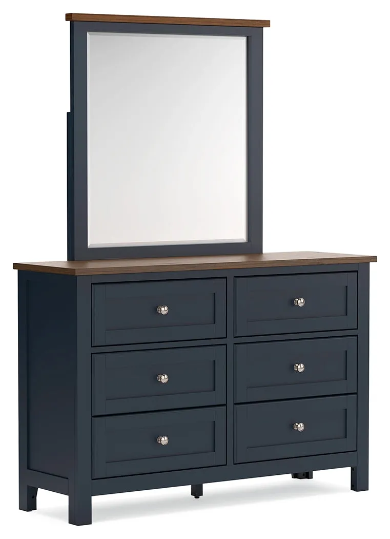 Landocken Full Panel Bed with Mirrored Dresser, Chest and 2 Nightstands in Brown/Blue