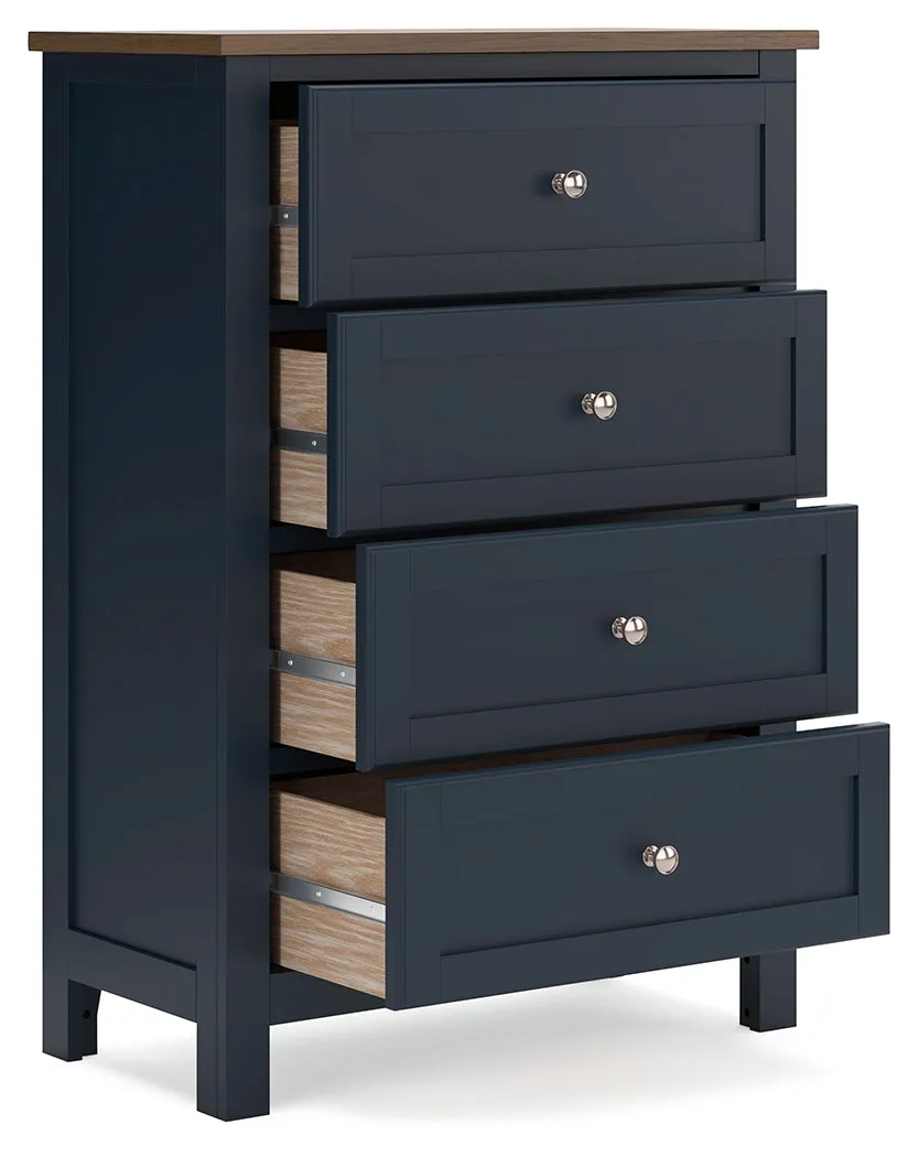 Landocken Full Panel Bed with Mirrored Dresser, Chest and 2 Nightstands in Brown/Blue