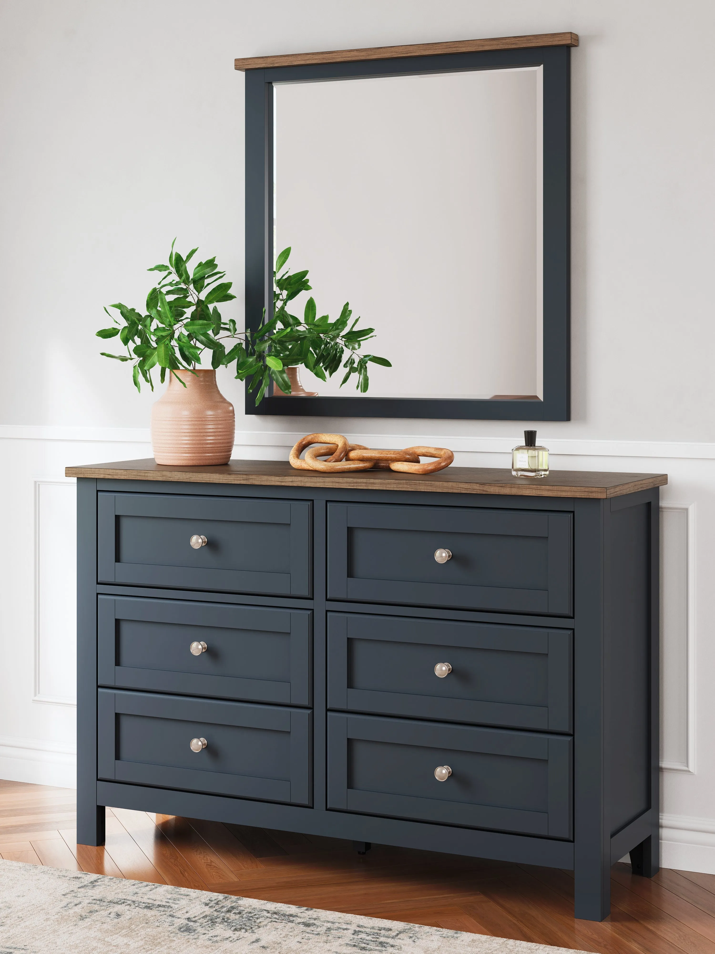 Landocken Full Panel Bed with Mirrored Dresser, Chest and 2 Nightstands in Brown/Blue