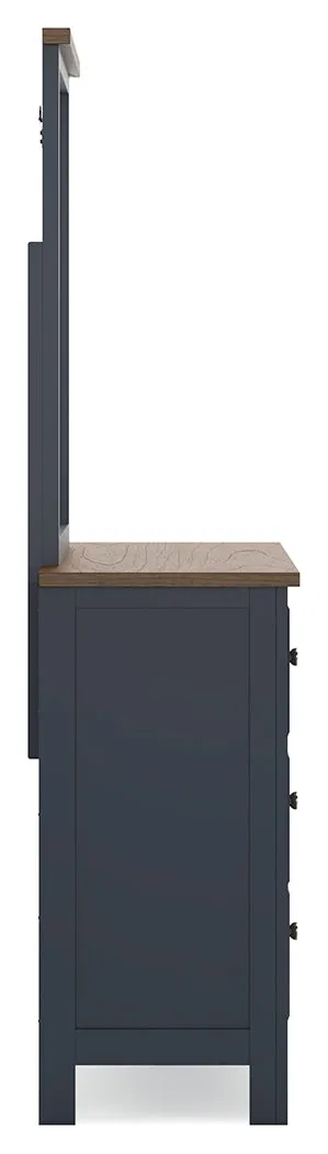 Landocken Full Panel Bed with Mirrored Dresser, Chest and 2 Nightstands in Brown/Blue