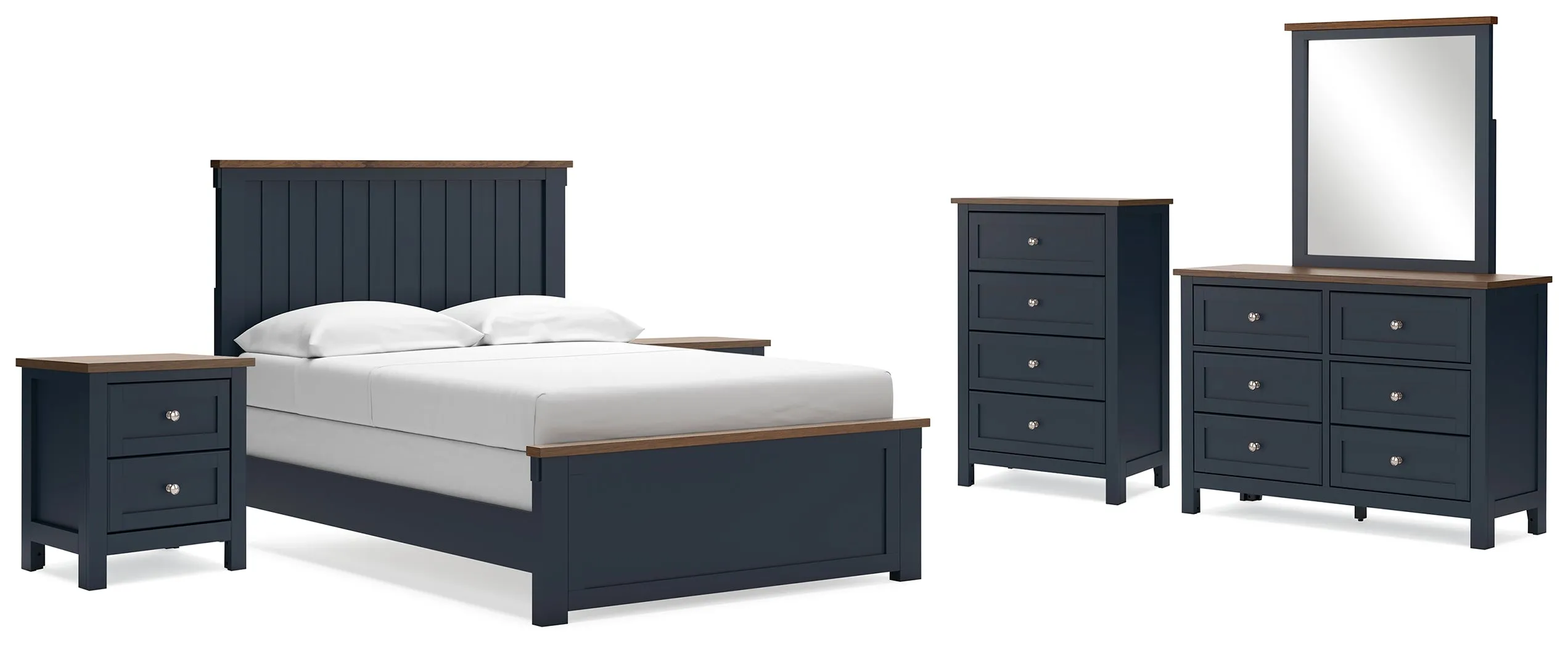 Landocken Full Panel Bed with Mirrored Dresser, Chest and 2 Nightstands in Brown/Blue