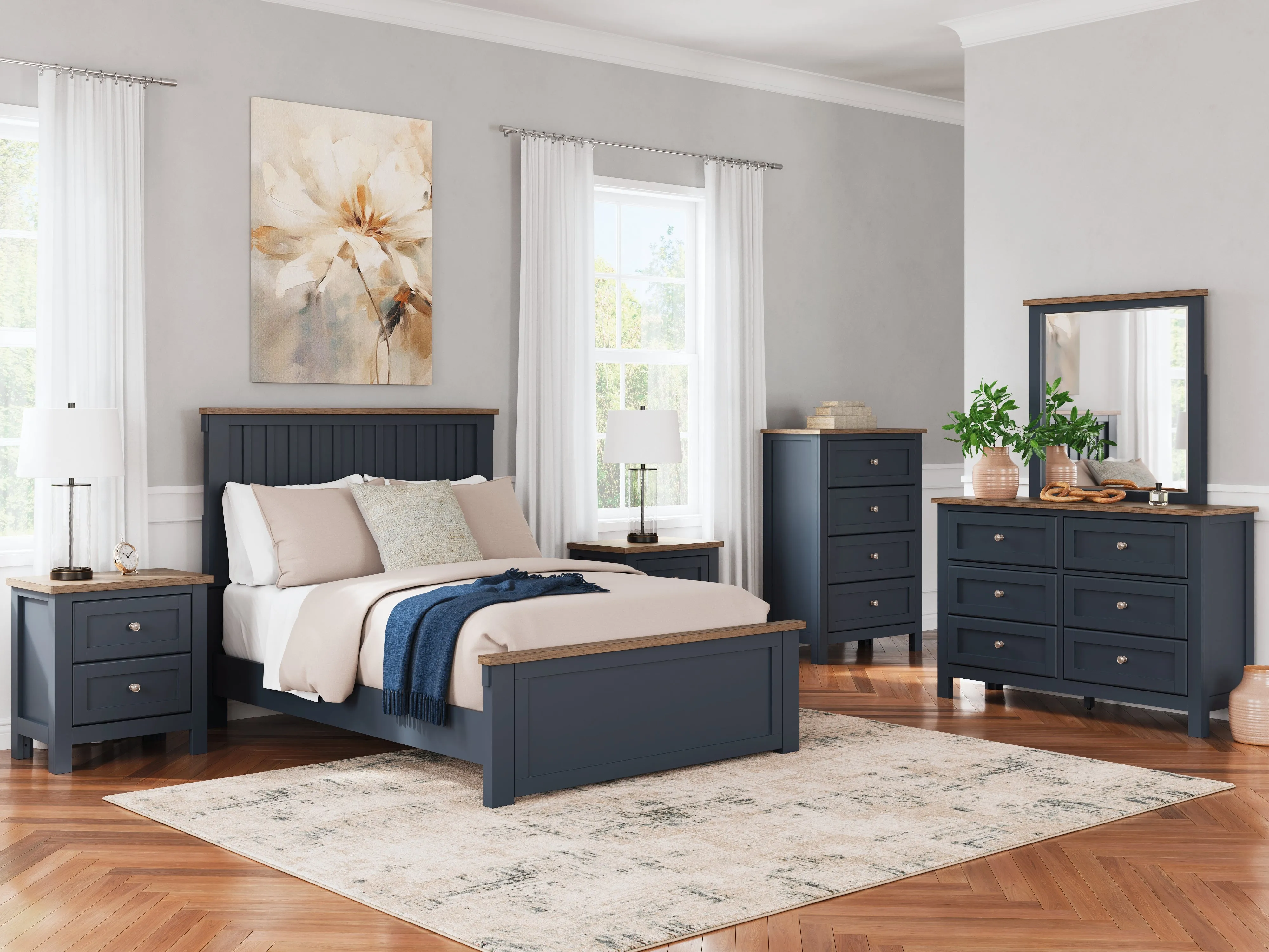 Landocken Full Panel Bed with Mirrored Dresser, Chest and 2 Nightstands in Brown/Blue