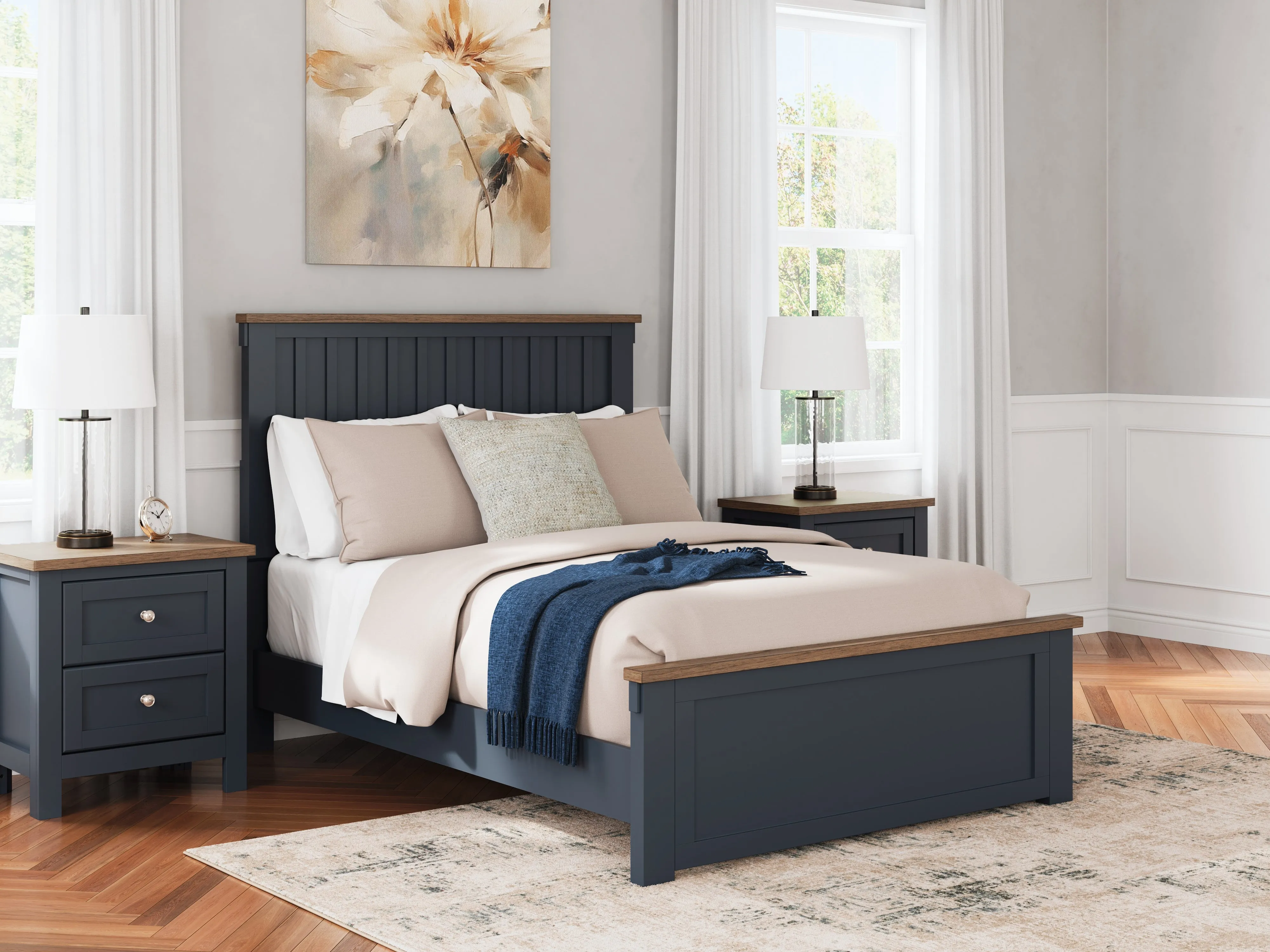 Landocken Full Panel Bed with Mirrored Dresser, Chest and 2 Nightstands in Brown/Blue