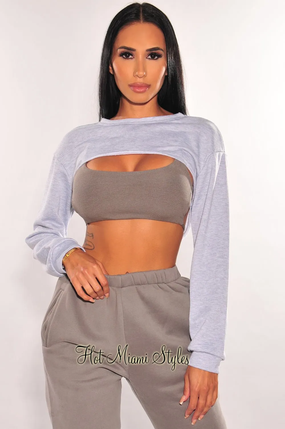 Light Gray Long Sleeve Cropped Cut Out Sweater