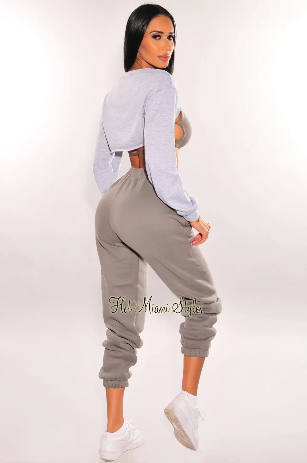 Light Gray Long Sleeve Cropped Cut Out Sweater