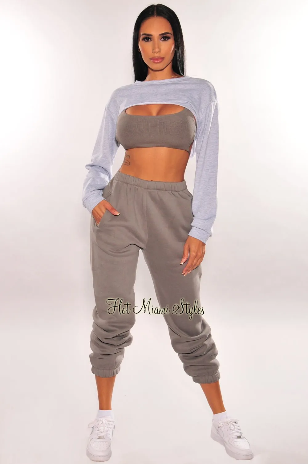 Light Gray Long Sleeve Cropped Cut Out Sweater