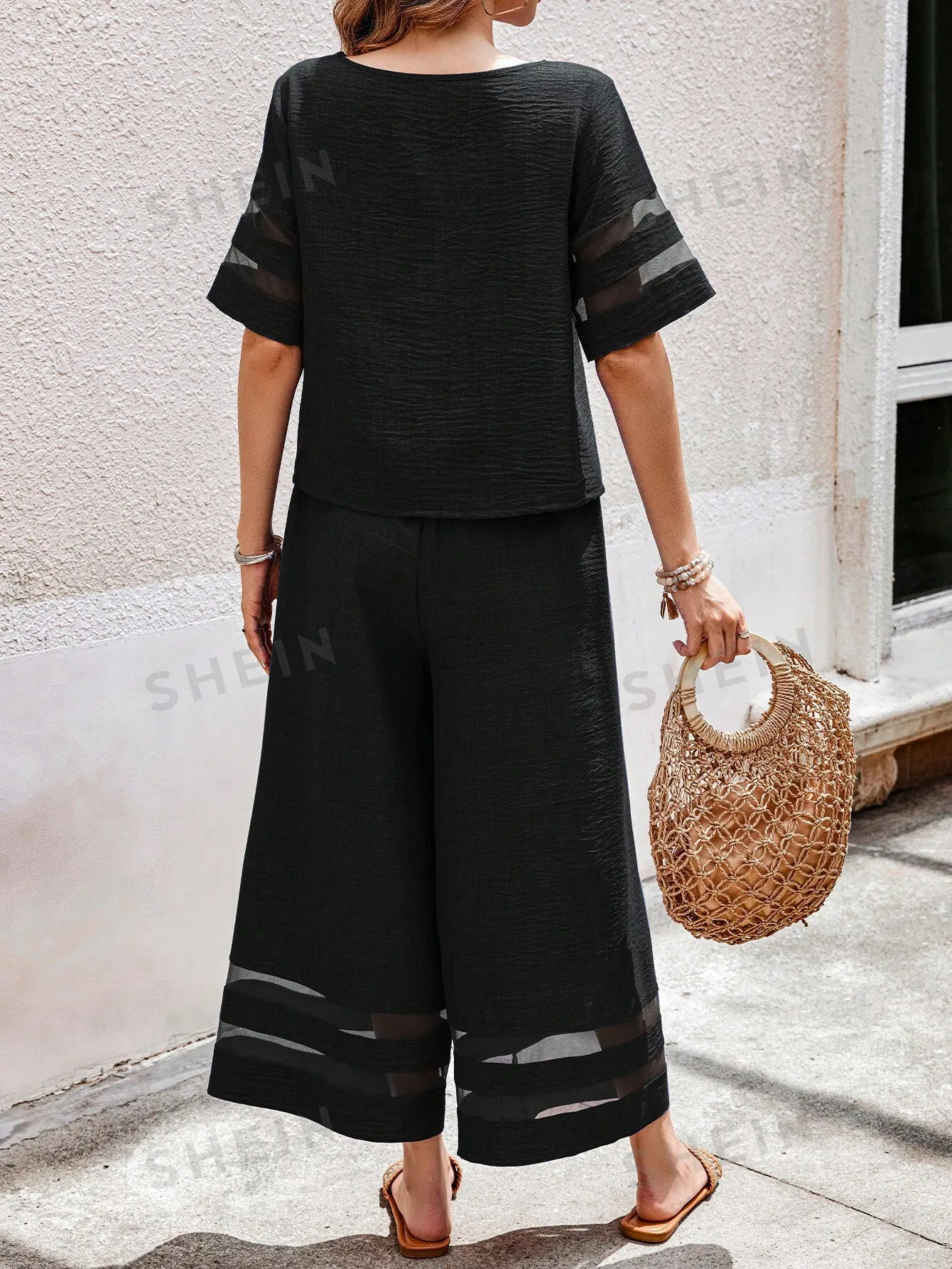 LUNE Women's Fashionable Mesh Contrast Casual Top And Skirt Set