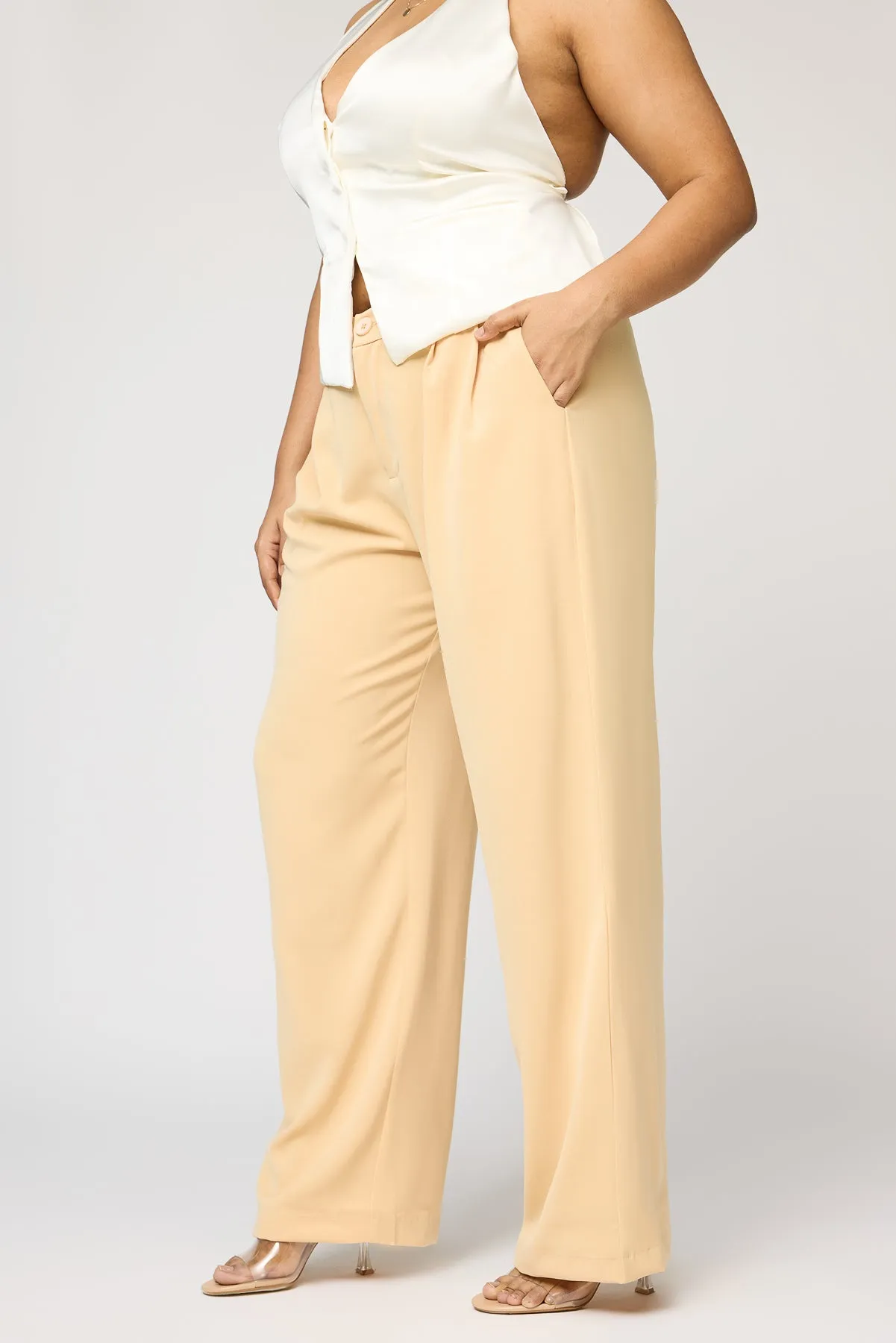 Maple Beige Curve Pleated Straight Korean Pants