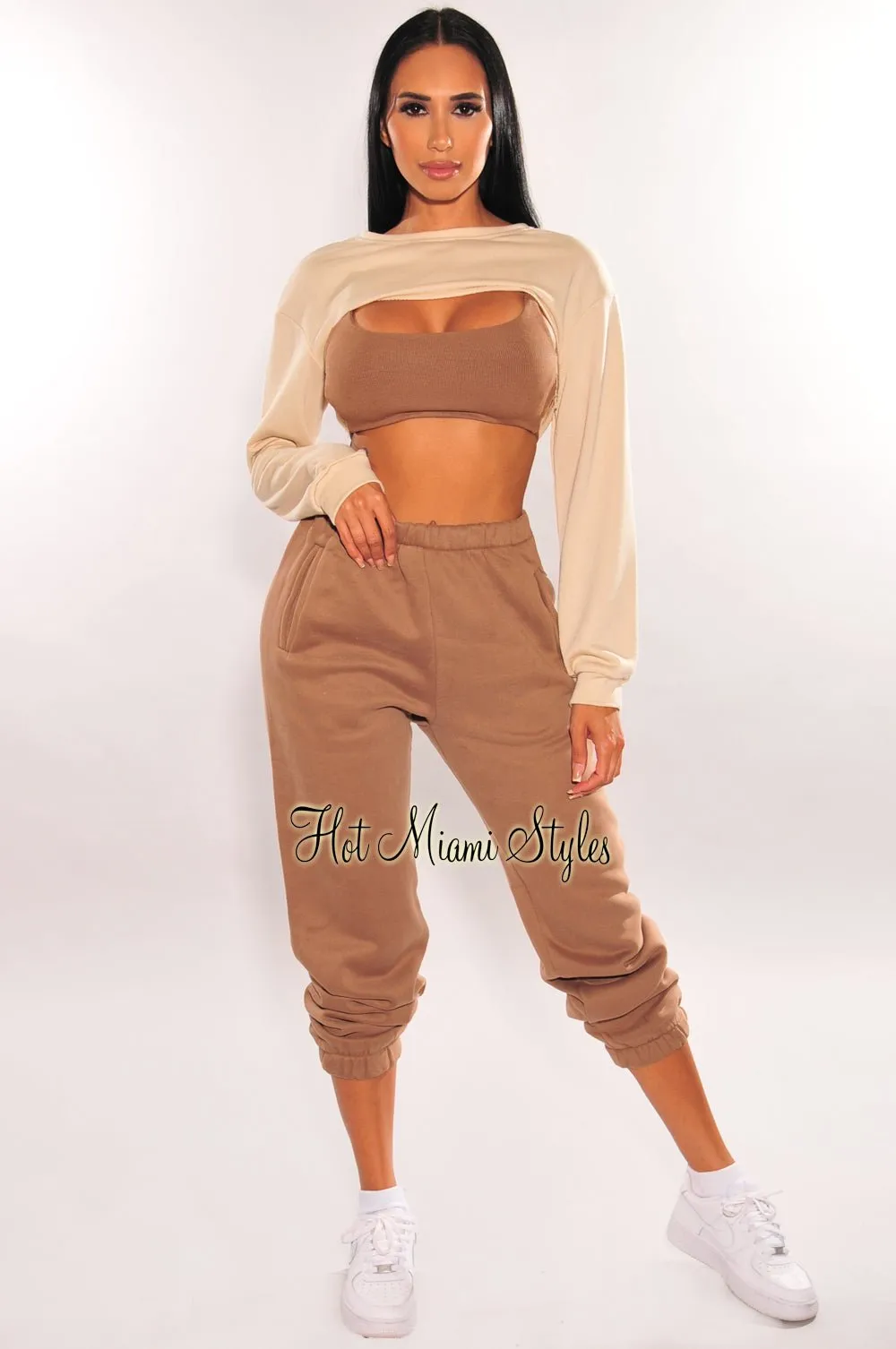 Nude Long Sleeve Cropped Cut Out Sweater