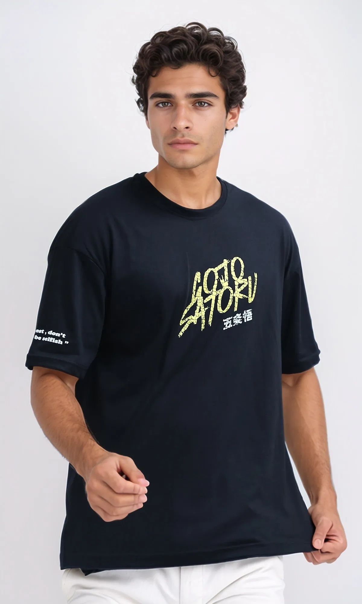 O198307 Front & Back Printed Tee with Elbow Sleeves - Black