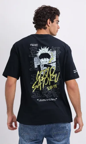 O198307 Front & Back Printed Tee with Elbow Sleeves - Black