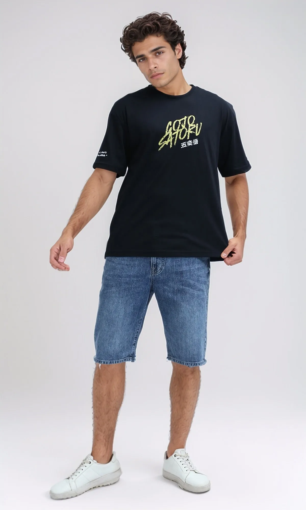 O198307 Front & Back Printed Tee with Elbow Sleeves - Black